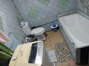 A bathroom with a toilet, a bathtub, and a washing machine. - Cozy 2-Bedroom Apartment with Private Courtyard in Tashkent (Tashkent)