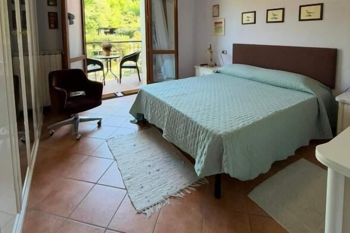 A bedroom with a bed, a desk, a chair, a ceiling fan, and a view of greenery outside.