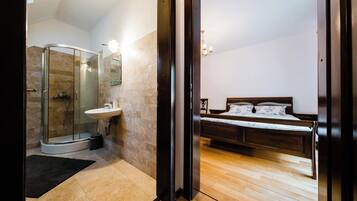 Shower, hair dryer, bidet, towels
