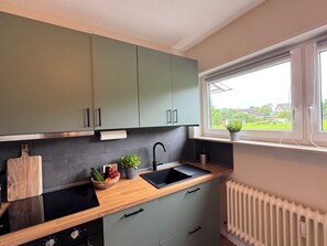 Une cuisine avec un plan de travail noir, des placards verts, une fenêtre donnant sur un beau paysage et un radiateur.