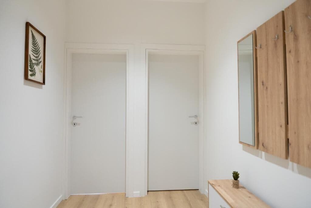 Una habitación con dos puertas blancas, un mueble de madera con un espejo y una pequeña planta sobre una consola de madera.