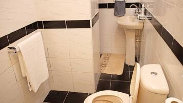Shower, towels, soap, toilet paper