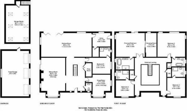 En planritning över en flervåningsbyggnad med ett garage, ett vardagsrum, ett kök, ett förråd, ett master bedroom, ett omklädningsrum, ett badrum, ett gästbadrum och ett vardagsrum på första våningen.