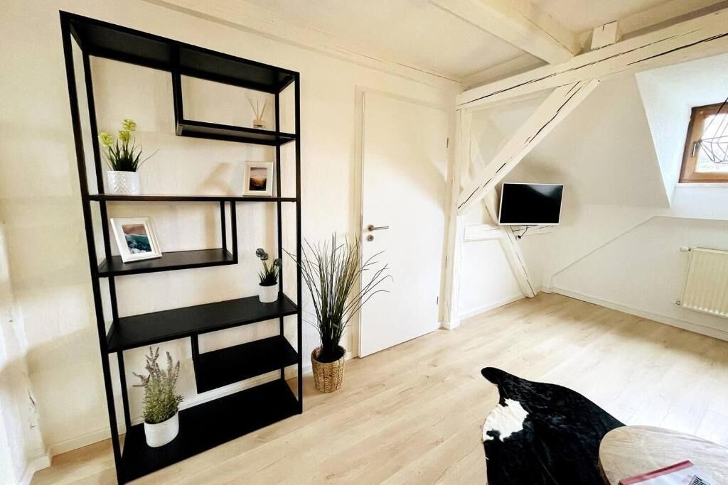 Una habitación con una estantería negra, una puerta, un televisor montado en la pared y una ventana.