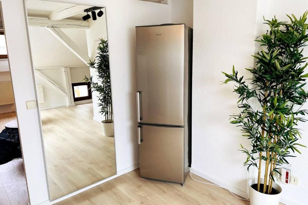 Eine moderne Küche mit einem Edelstahlkühlschrank, einer Topfpflanze und Blick in einen anderen Raum.