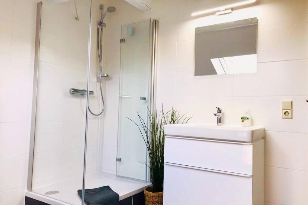 A modern bathroom with a glass shower enclosure, a white sink, and a mirror above it.