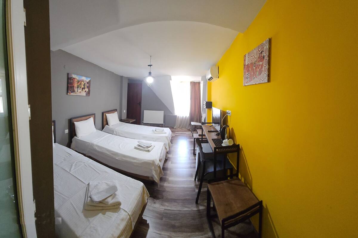 Habitación de hotel con dos camas, un escritorio, una silla, un radiador y un cuadro en la pared.