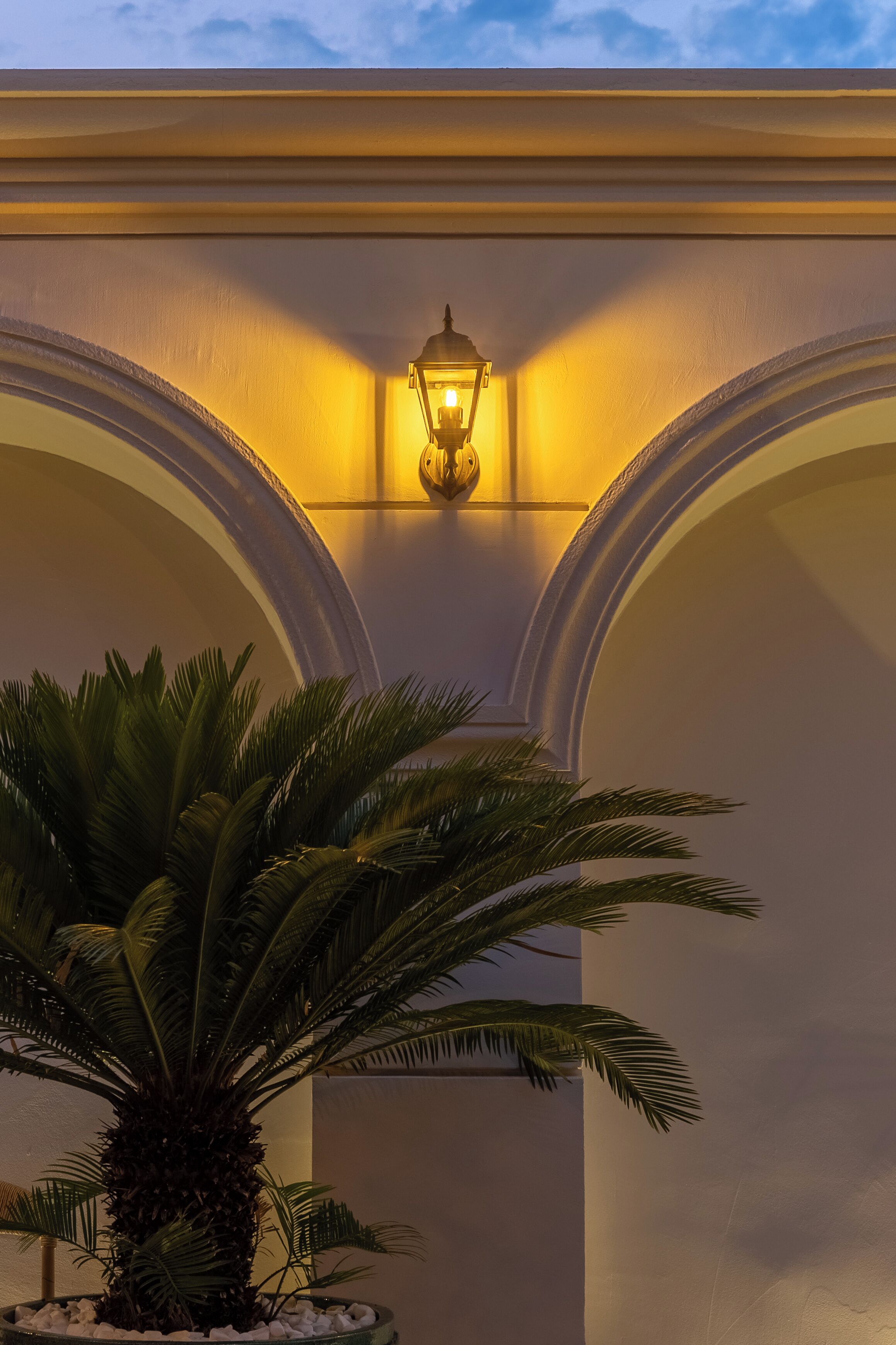 Pared exterior bien iluminada con un accesorio de luz decorativo y una palmera en una maceta.