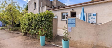 A building with a reception sign, a window, and a blue umbrella.