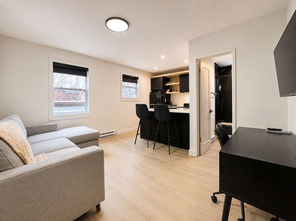 Living area - 5 min Downtown | 4 People | AC | The Salvador Dali (Québec City)