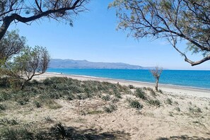 A coastal landscape with a sandy beach, sparse vegetation, and a clear view of the sea and distant mountains.