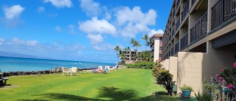 A hotel courtyard with a view of the ocean, a lawn, and a building with balconies.