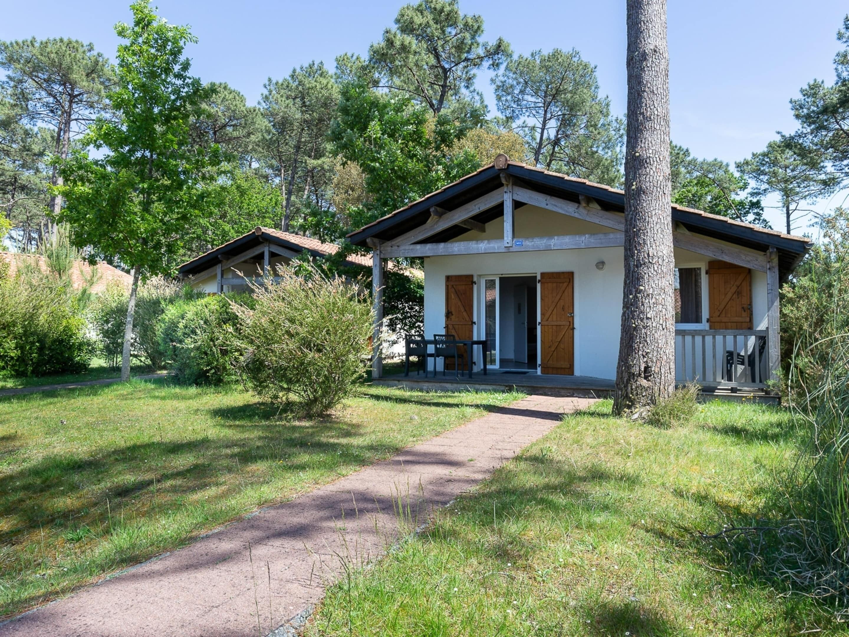 A rustic cabin with a porch, a pathway leading to it, and surrounding greenery.