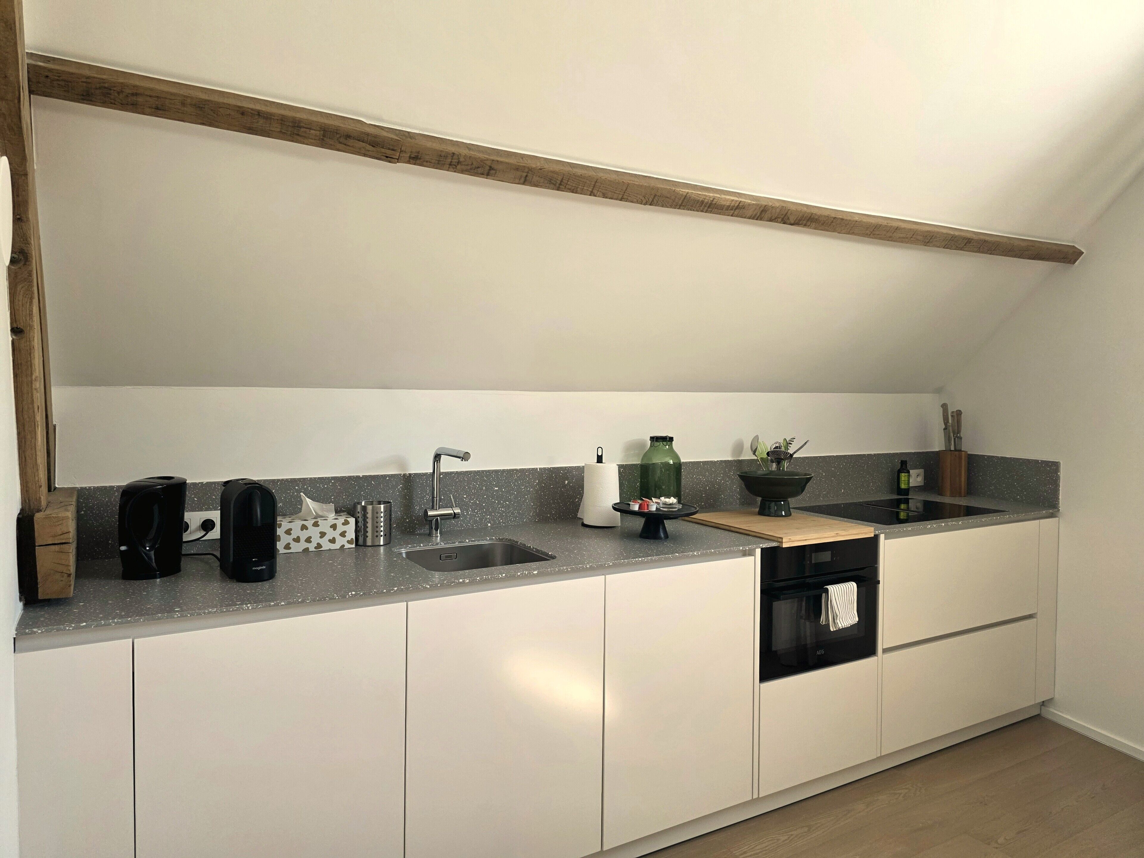 A modern kitchen with a built-in dishwasher, a sink, and a countertop with various appliances and a plant.