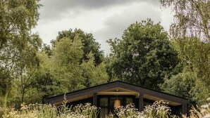 A small, dark-colored cabin surrounded by lush greenery and wildflowers.