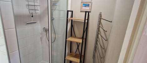 Regadera, secadora de cabello, papel de baño