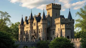 A large castle with multiple towers and a flag on top.