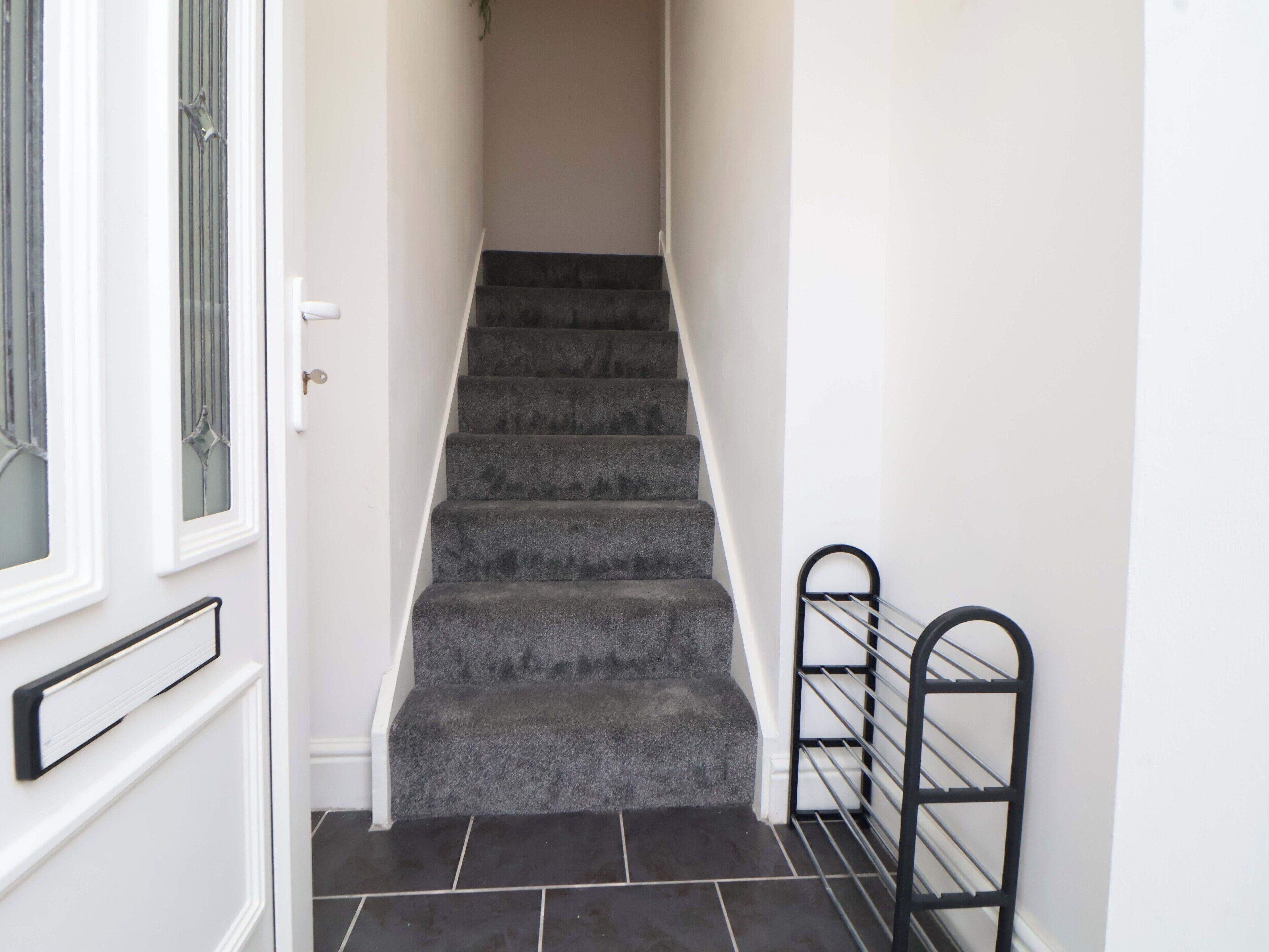 A staircase with carpeted steps leading to an upper floor, a door with a glass panel, and a metal handrail on the right.