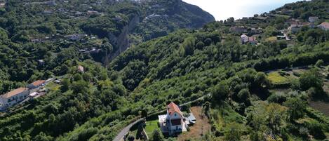 A hillside village with a prominent house featuring a red roof, surrounded by lush greenery and a narrow road.