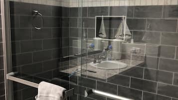 Shower, hair dryer, bidet, towels