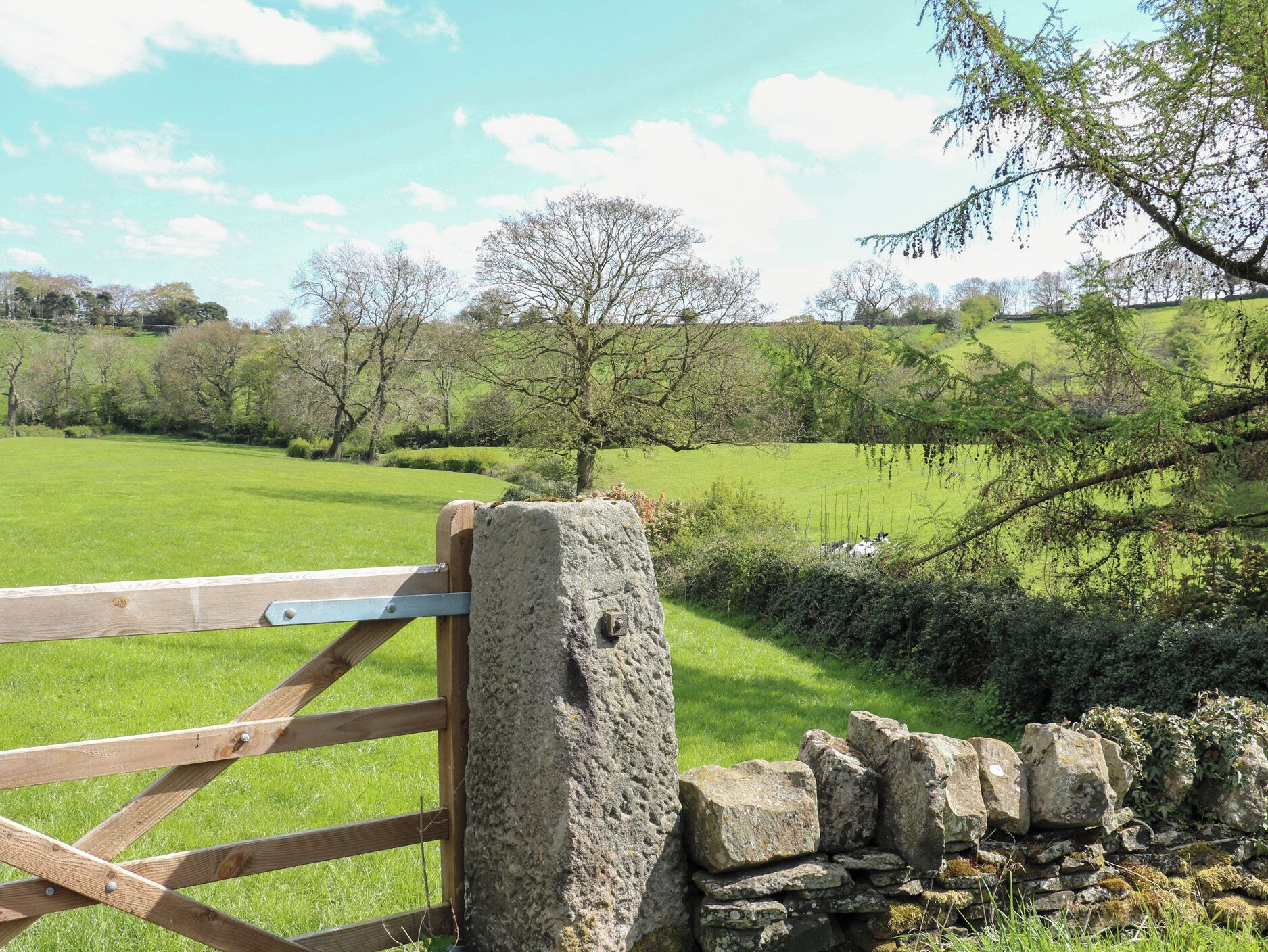 A rural landscape with a stone wall and a wooden gate.