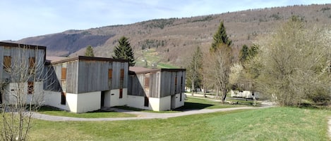 A rustic building complex with multiple cabins, surrounded by a grassy area and trees, with a mountainous backdrop.