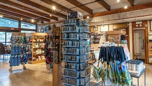 A store with a variety of items on display, including a large stack of CDs and a section with clothing.
