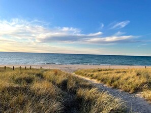 Ein Strand mit einem sandigen Pfad und grasbewachsenen Dünen, die zum Wasser führen.