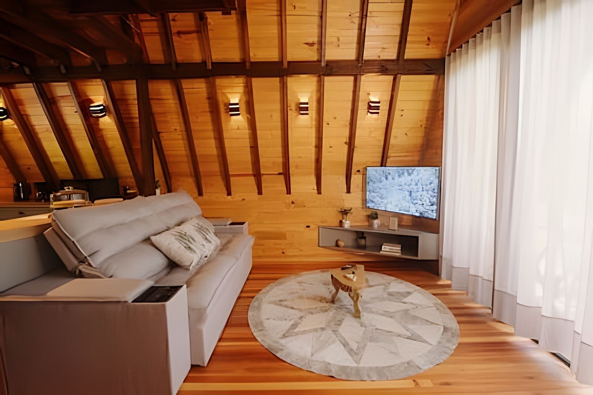 Een moderne woonkamer met een bank, televisie en een opvallend rond tapijt.