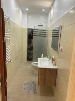 Dusche, Haartrockner, Handtücher, Seife
