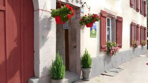 Un bâtiment avec des volets rouges, des plantes en pot et une porte bien visible.