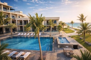 4 indoor pools, outdoor pool, open 6:00 AM to 7:00 PM, pool loungers