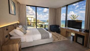 Habitació doble panoràmica, balcó, vistes al mar | Caixa forta a l'habitació i cortines opaques