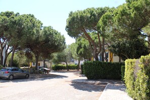 A residential street with parked cars, trees, and a hedge. - Real Village (Faro)