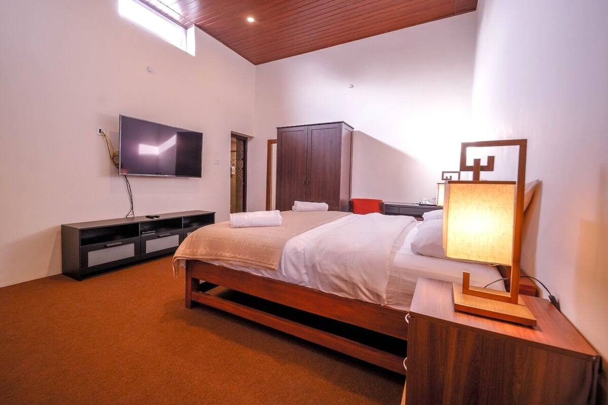 A bedroom with a bed, a TV, a wardrobe, a bedside table with a lamp, and a carpeted floor.