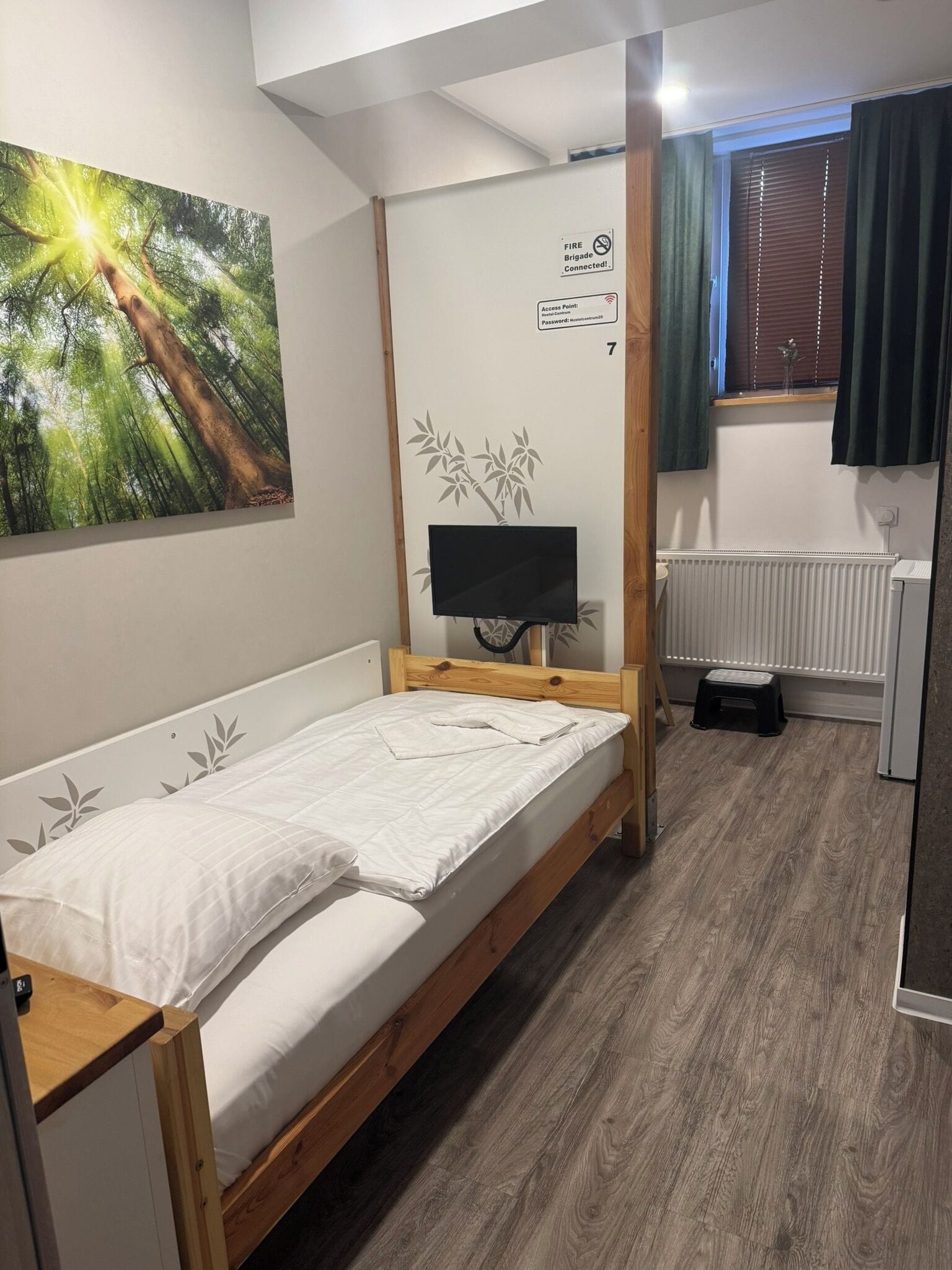 A single bed with a wooden frame, a small bedside table, a wall-mounted TV, a radiator, and a window with curtains.