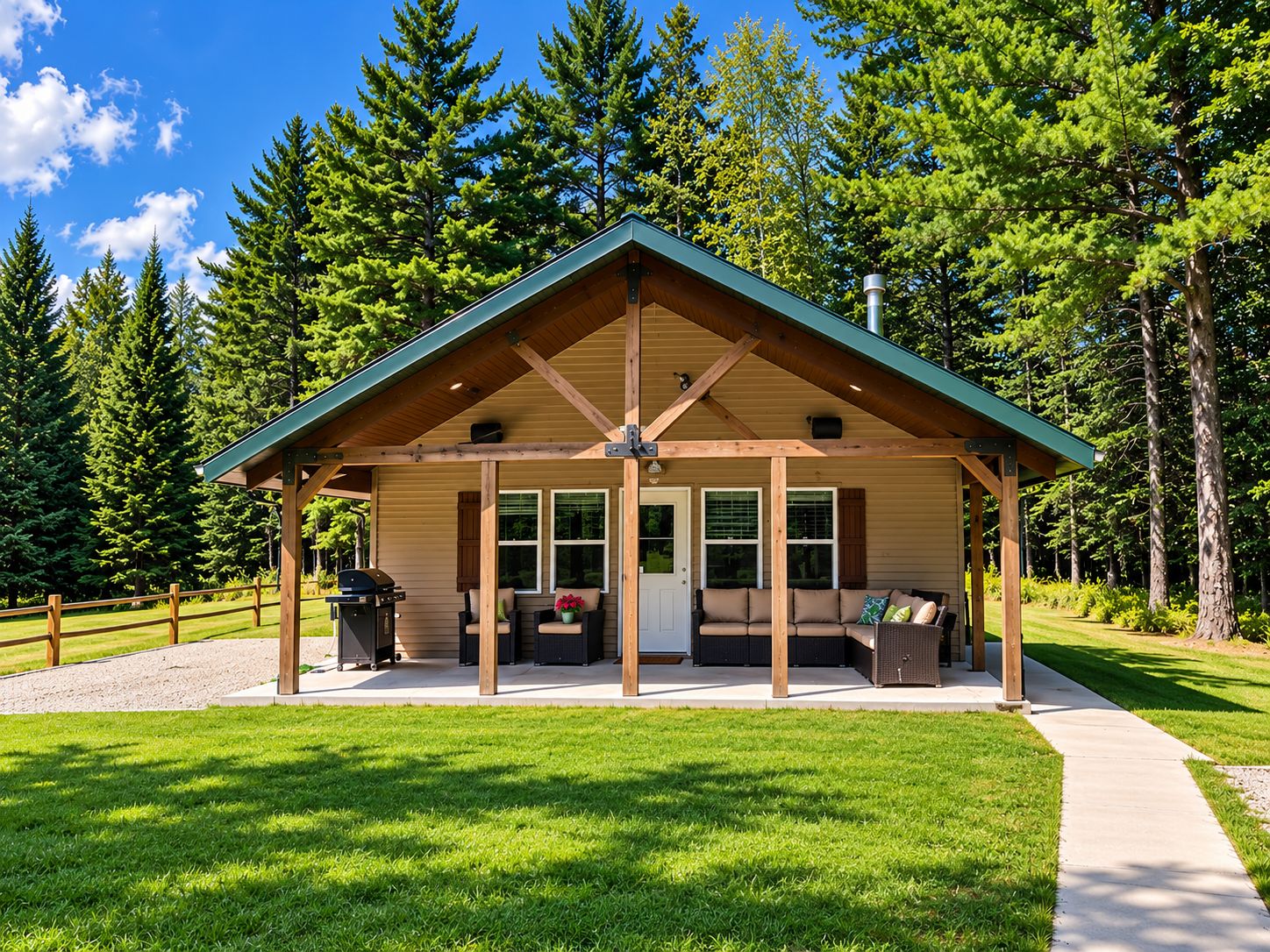 A wooden cabin with a covered porch, a grill, and a view of a forest.