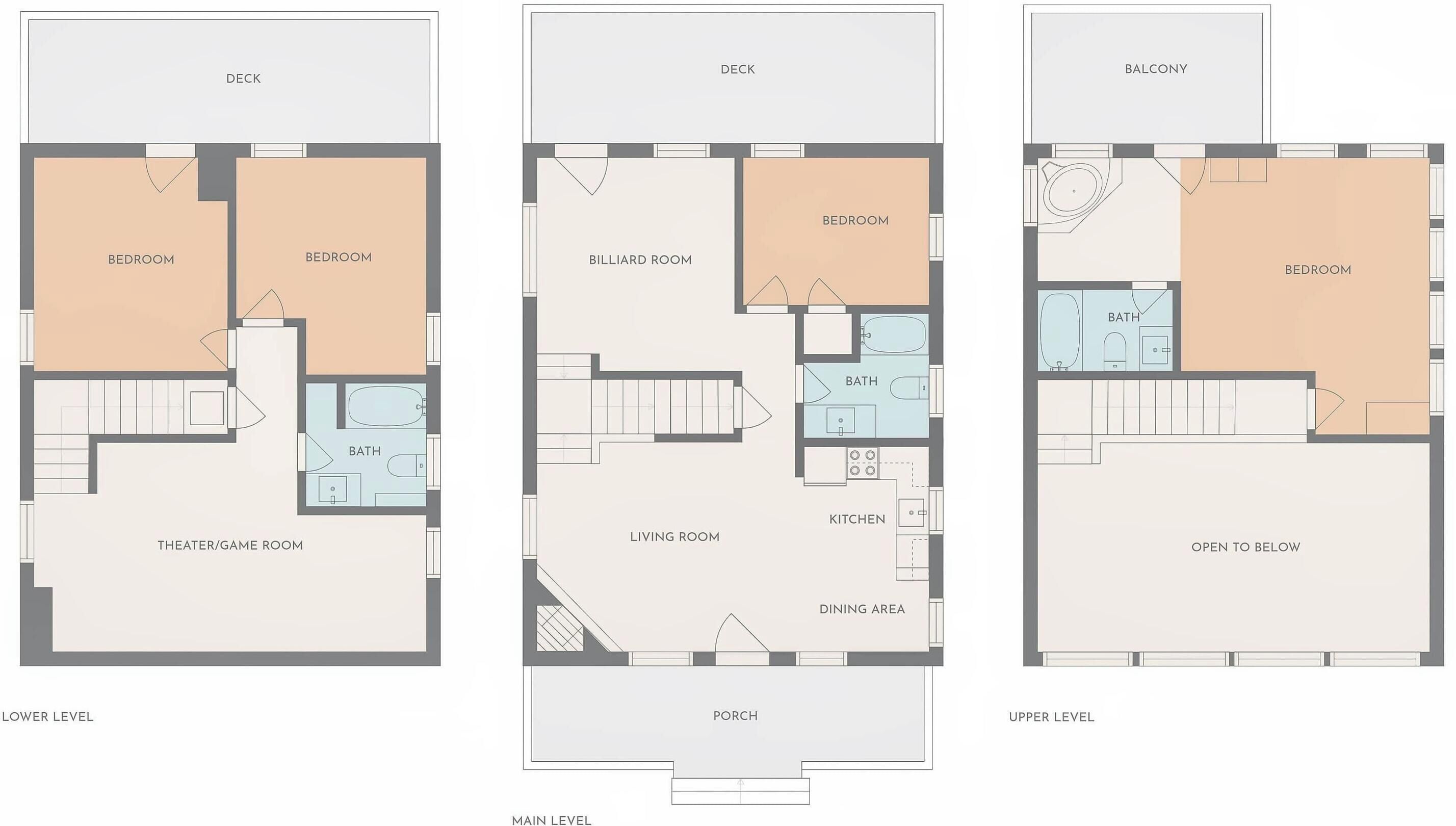 Drei Grundrisse eines Hotels mit Deck, zwei Schlafzimmern, einem Billardraum, einem Veranstaltungsraum/Spielzimmer, einem Wohnzimmer, einer Küche, einem Essbereich, einem Badezimmer und einem Balkon.