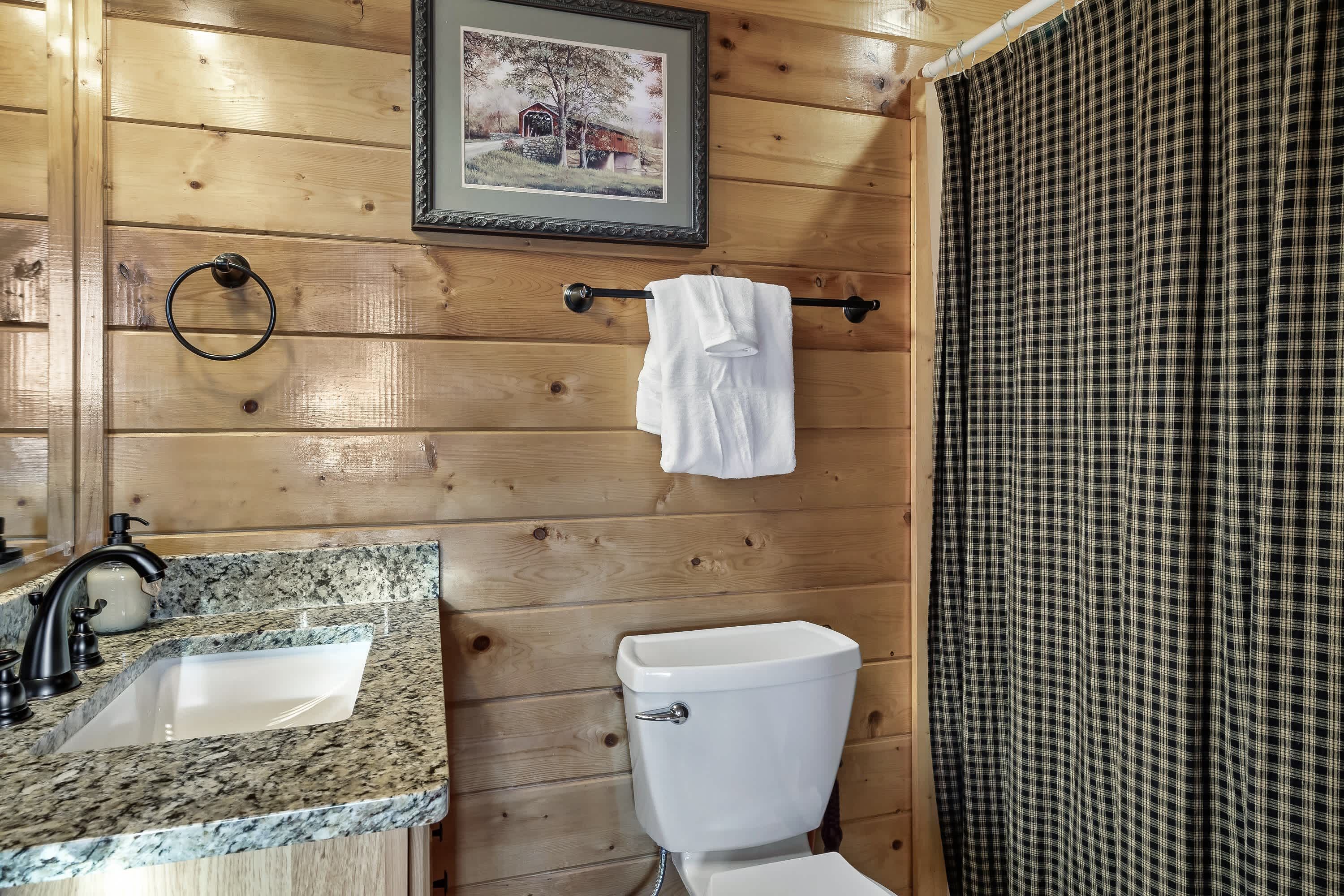A bathroom with wooden walls, a granite sink, a toilet, and a checkered shower curtain.