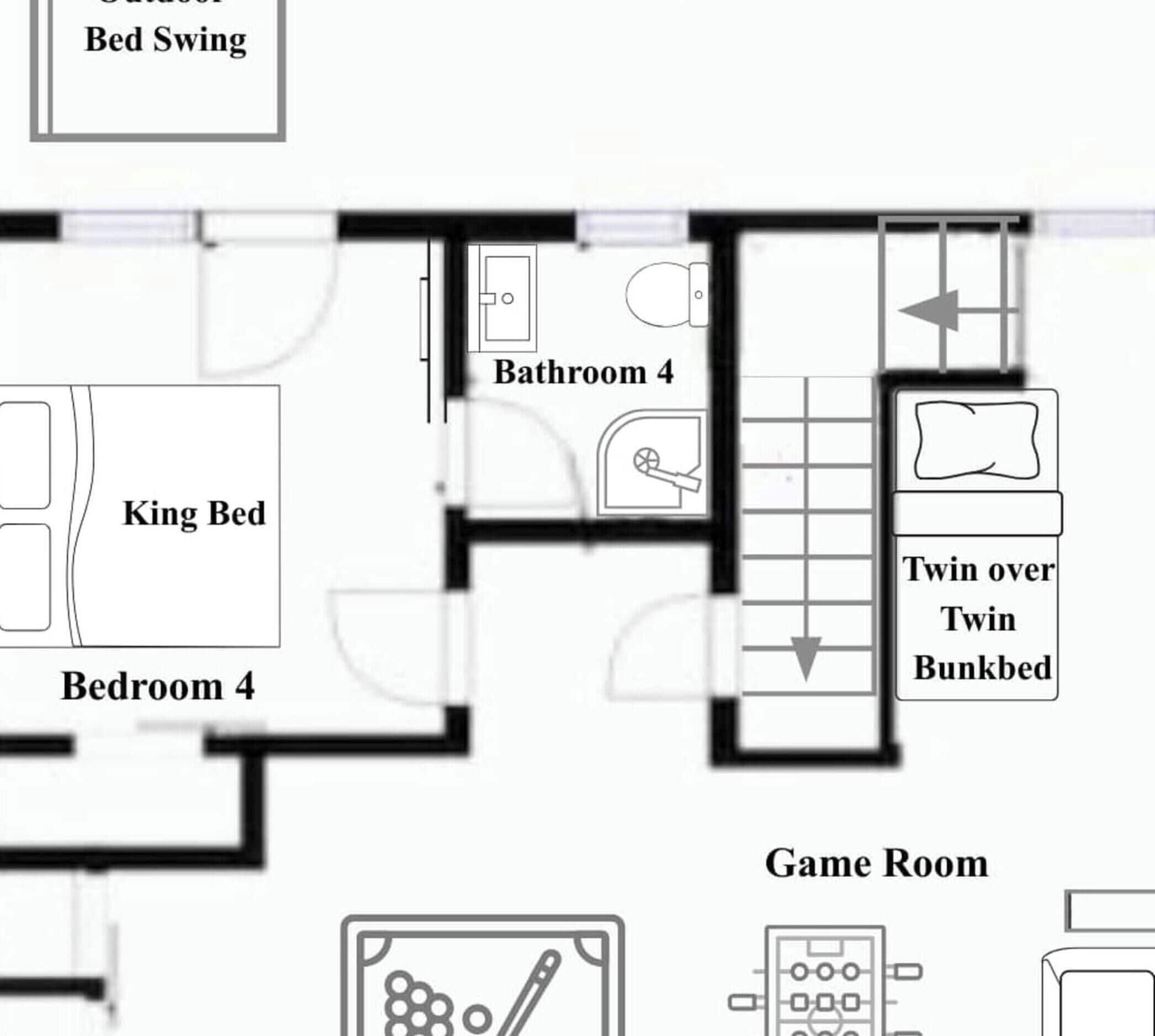 A hotel layout with a king bed, twin bed, bunk bed, bathroom, and game room.