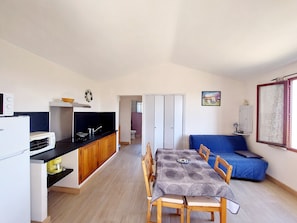 Um espaço compacto com cozinha compacta, mesa de jantar e sofá.