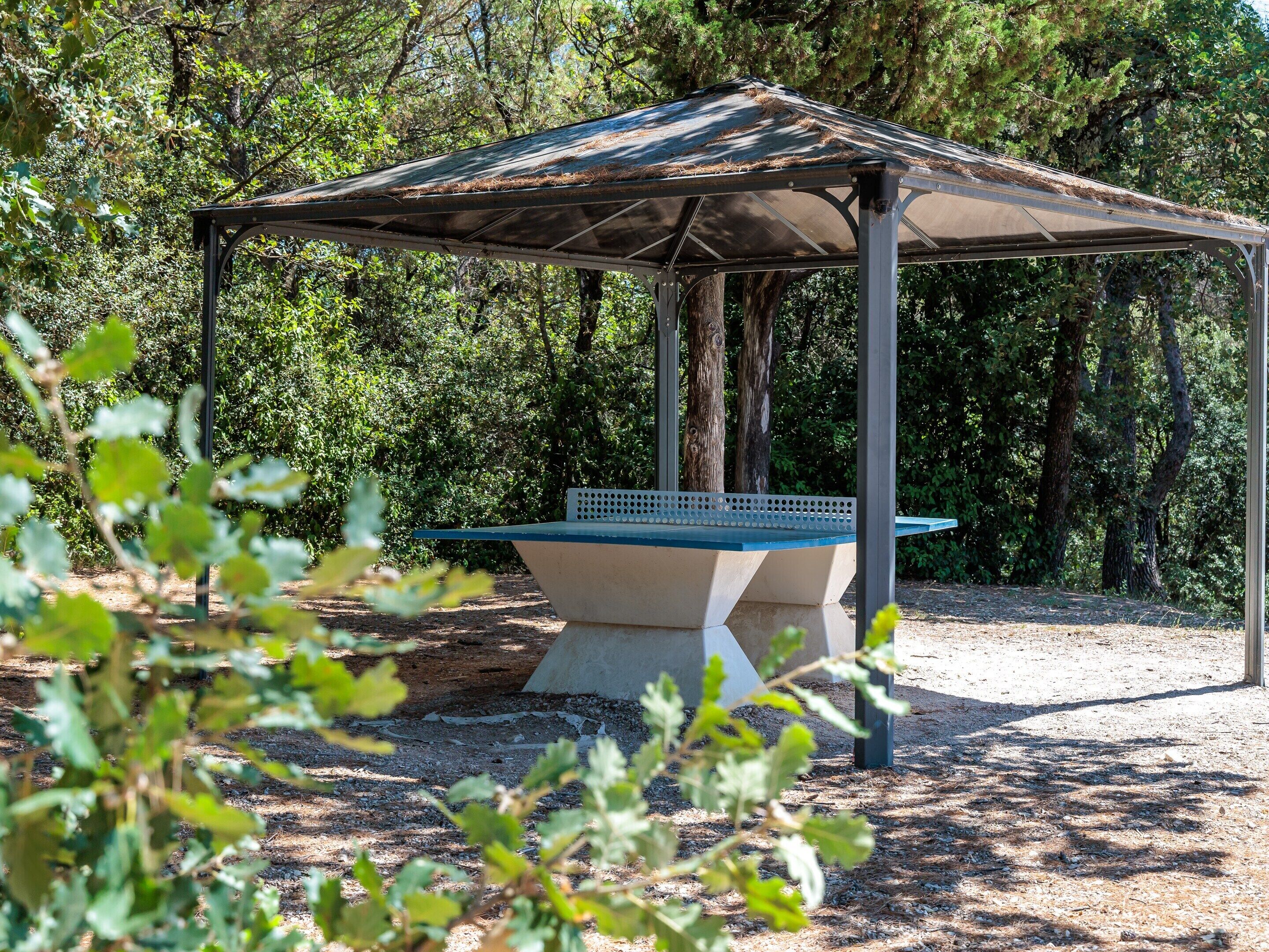 A covered outdoor table tennis table in a park with trees in the background.