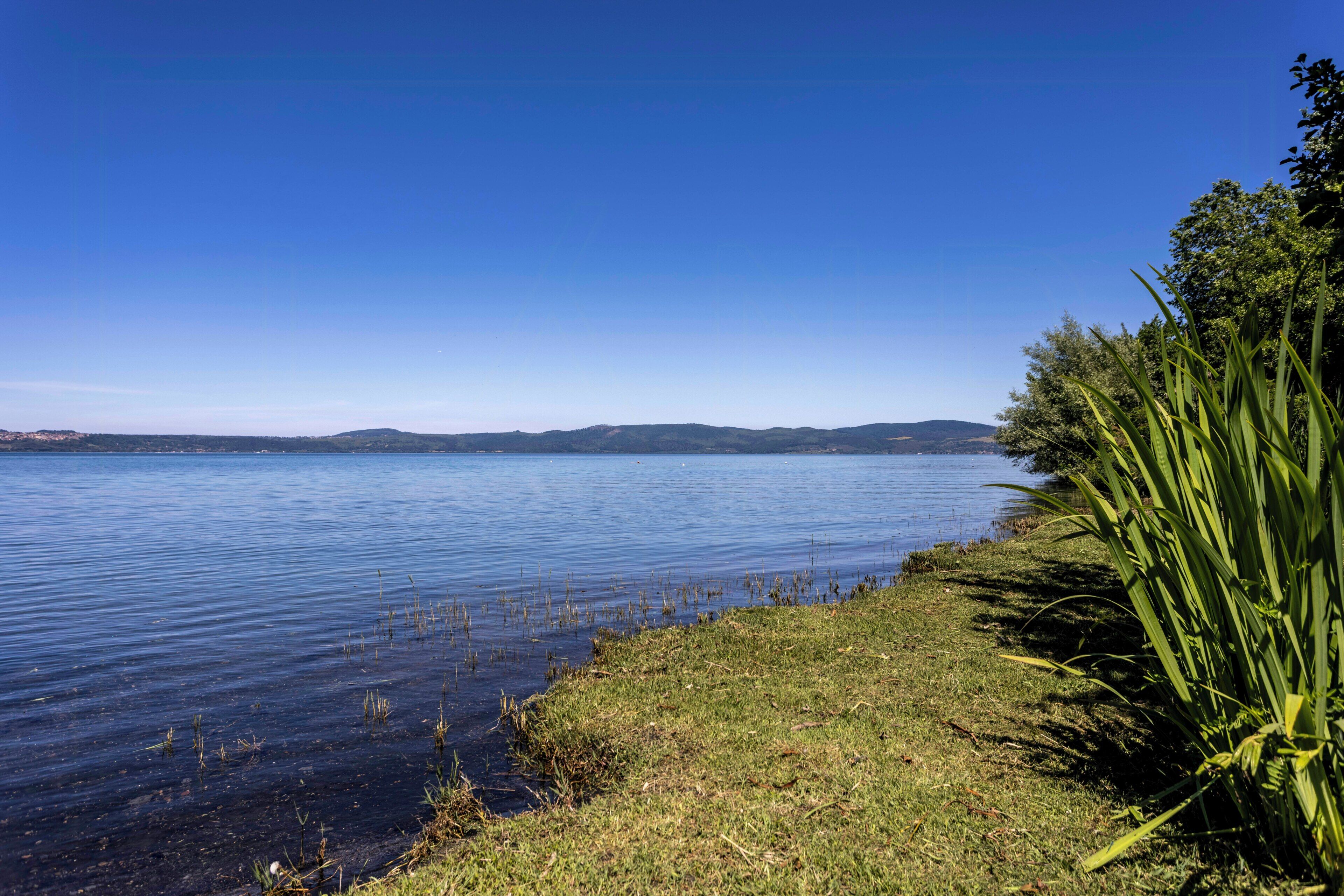 Ein ruhiger See mit einer grasbewachsenen Uferlinie und sanften Hügeln im Hintergrund.