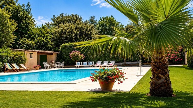 A swimming pool with lounge chairs, a palm tree, and a building in the background. - Holiday Home 'La Bergerie' with Shared Pool, Private Terrace and Wi-Fi (Fontarèches)