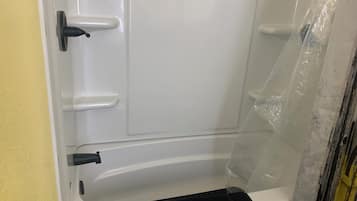 Hair dryer, towels, soap, toilet paper
