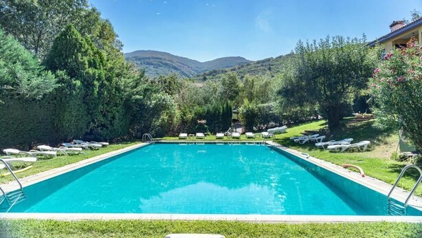 A rectangular swimming pool with a clear blue water, surrounded by lush green trees and a mountain in the background.
