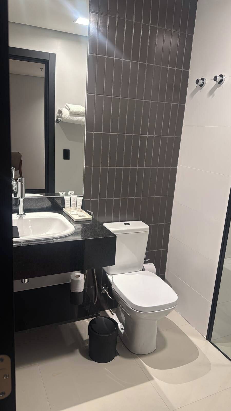 A modern bathroom with a sink, toilet, and a shower area.