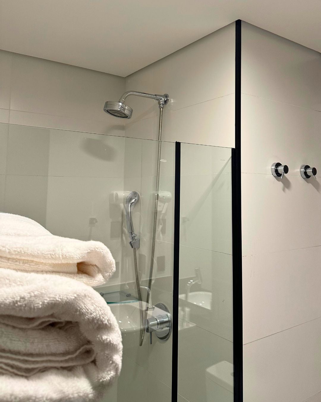 A modern bathroom with a glass shower enclosure, a towel rack, and a toilet with a bidet attachment.