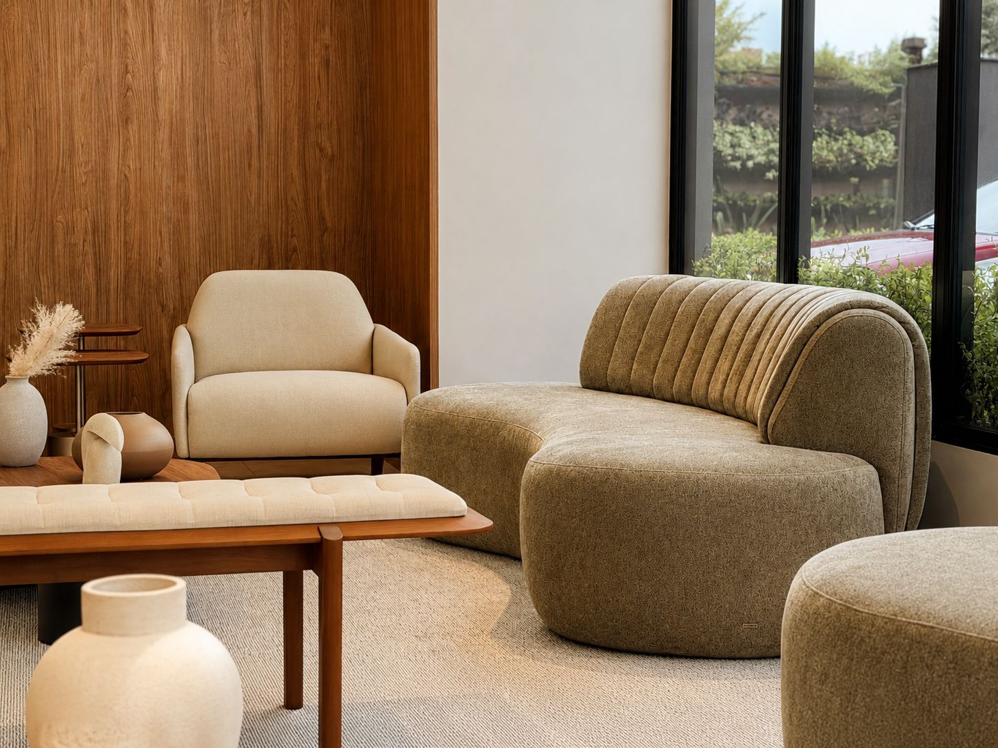 A modern living room with a sofa, armchair, and a coffee table.