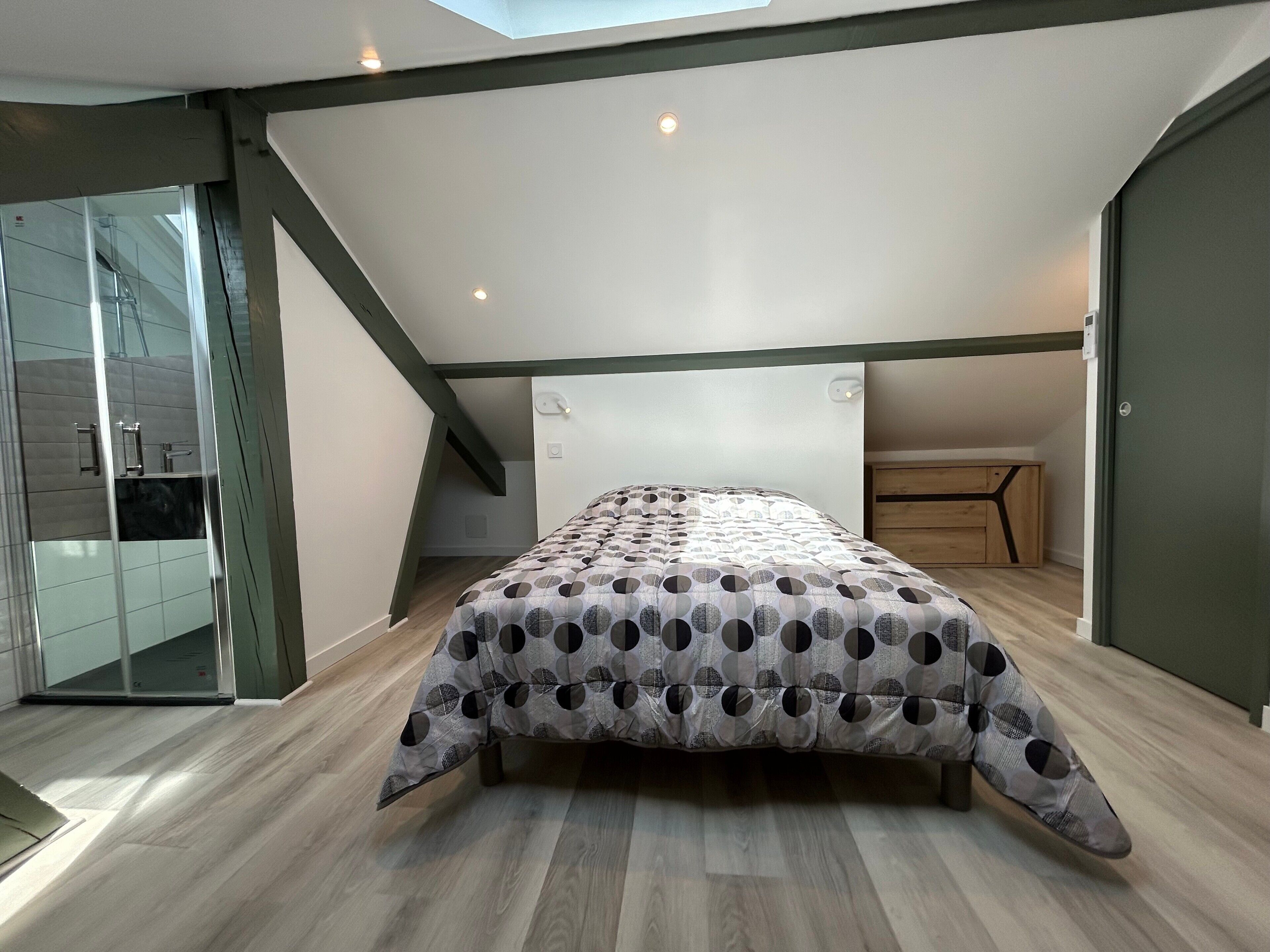 Un dormitorio con cama, cómoda de madera, puerta de cristal y tragaluz.